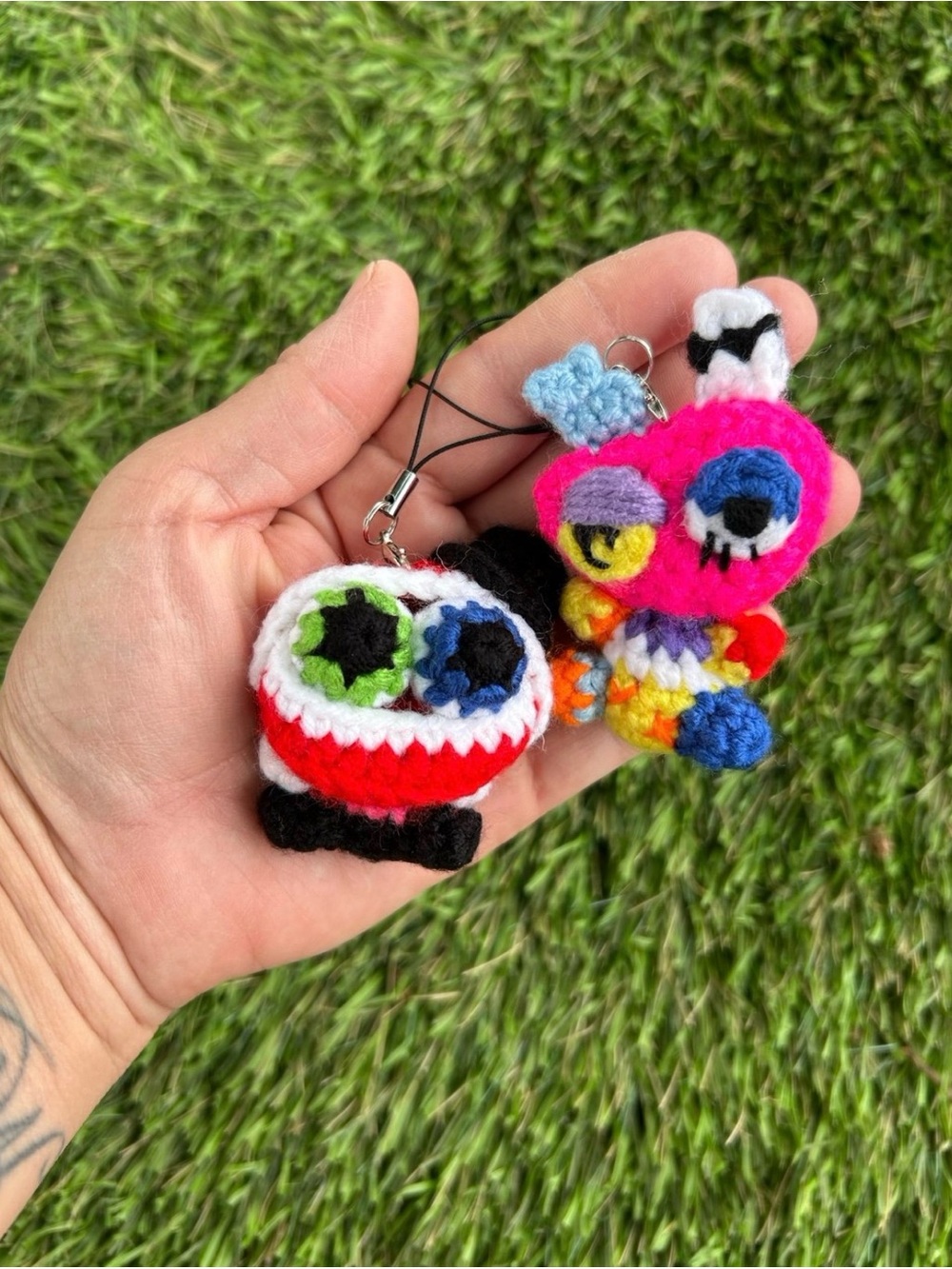 Handmade Colorful Plush Monster Keychain - Pink, Red, Blue, Yellow